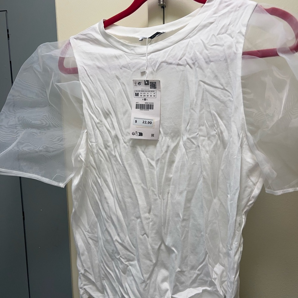 Zara White Blouse with Sheer Sleeves